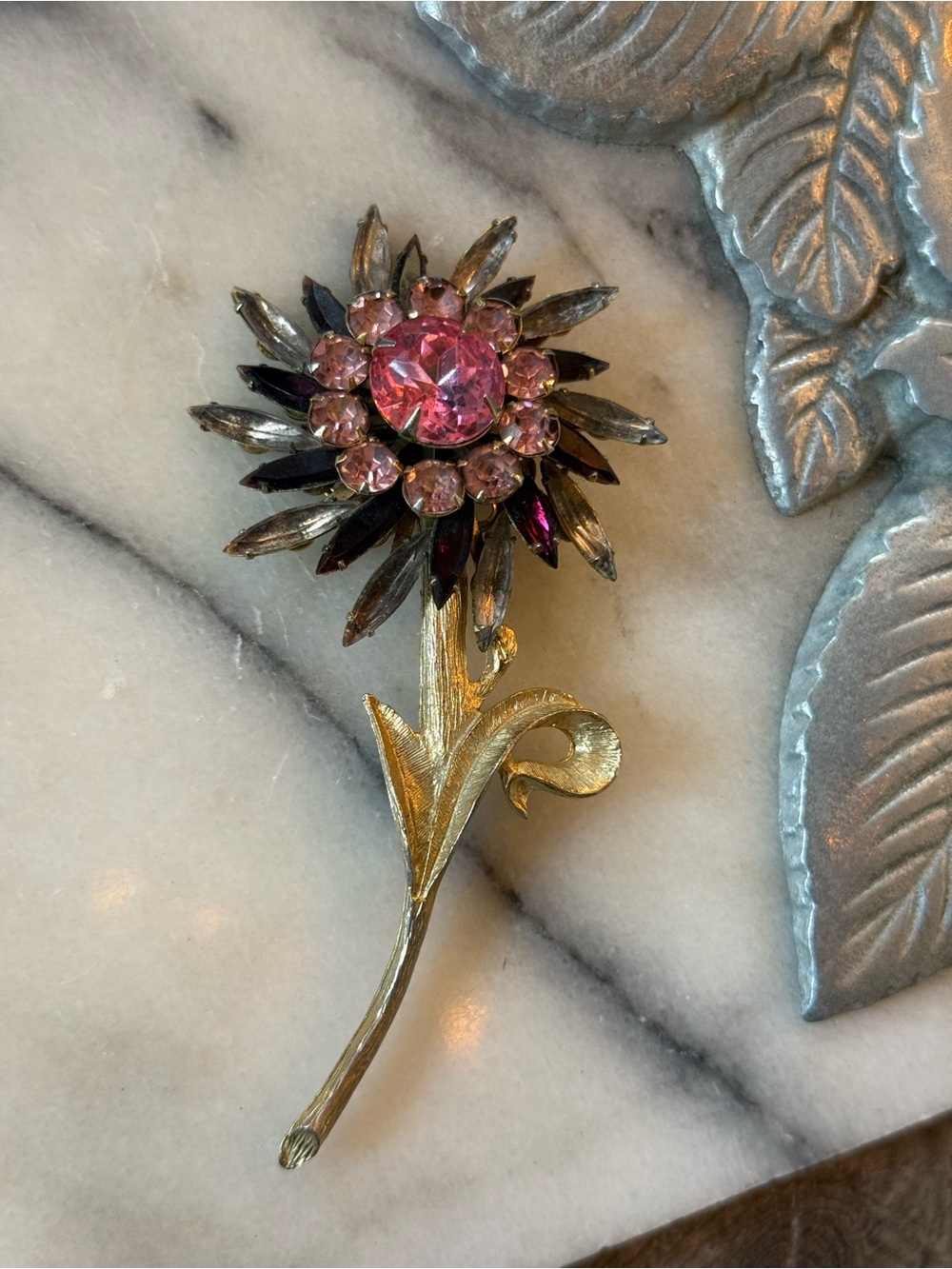 Pink and Purple Crystal Flower Brooch - Gold Tone Stem